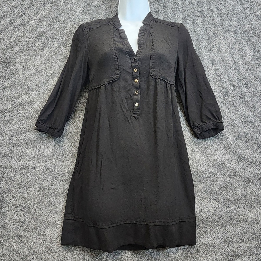 Maeve Anthropologie Womens Black Boho Shift Tunic Dress V Neck Button Front 2